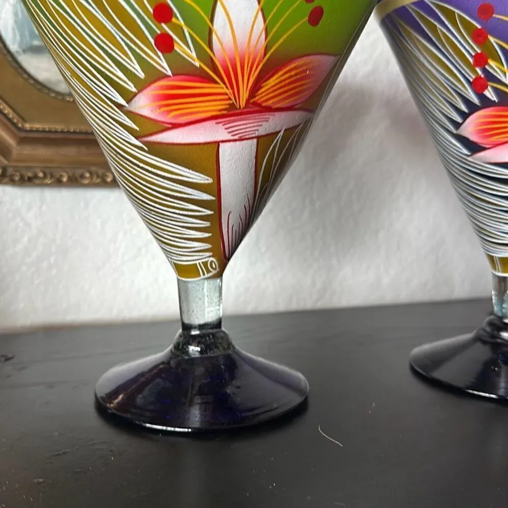 Set of two blue rim margarita cocktail made in Mexico glasses cups